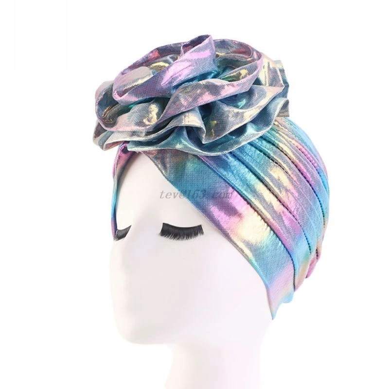 Women Hologram Metallic Rainbow Turban Hat Flower African Head Wrap Beanie Pre-Tied Elastic Bonnet Hair Loss Chemo Cap | Аксессуары для