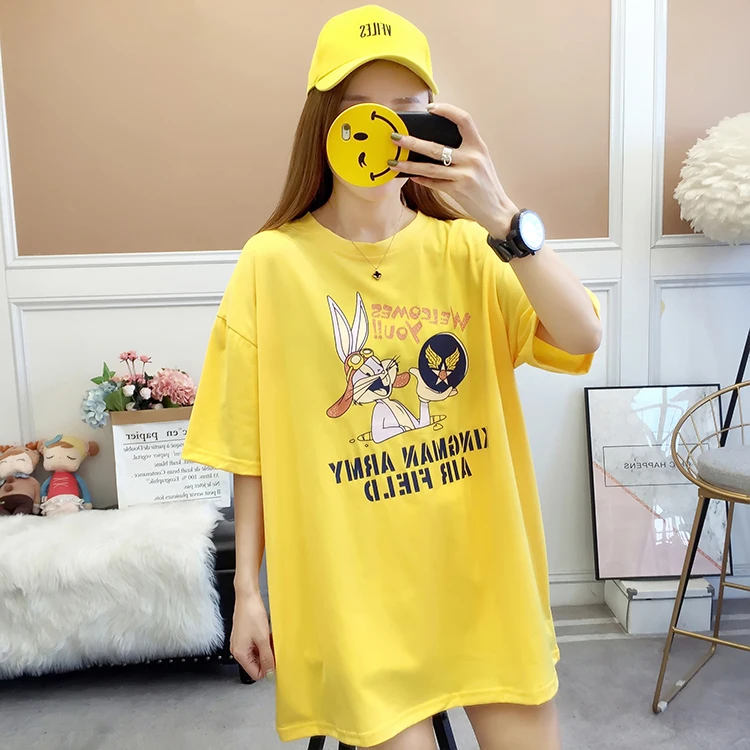 Женская свободная футболка средней длины с коротким рукавом и мультяшным