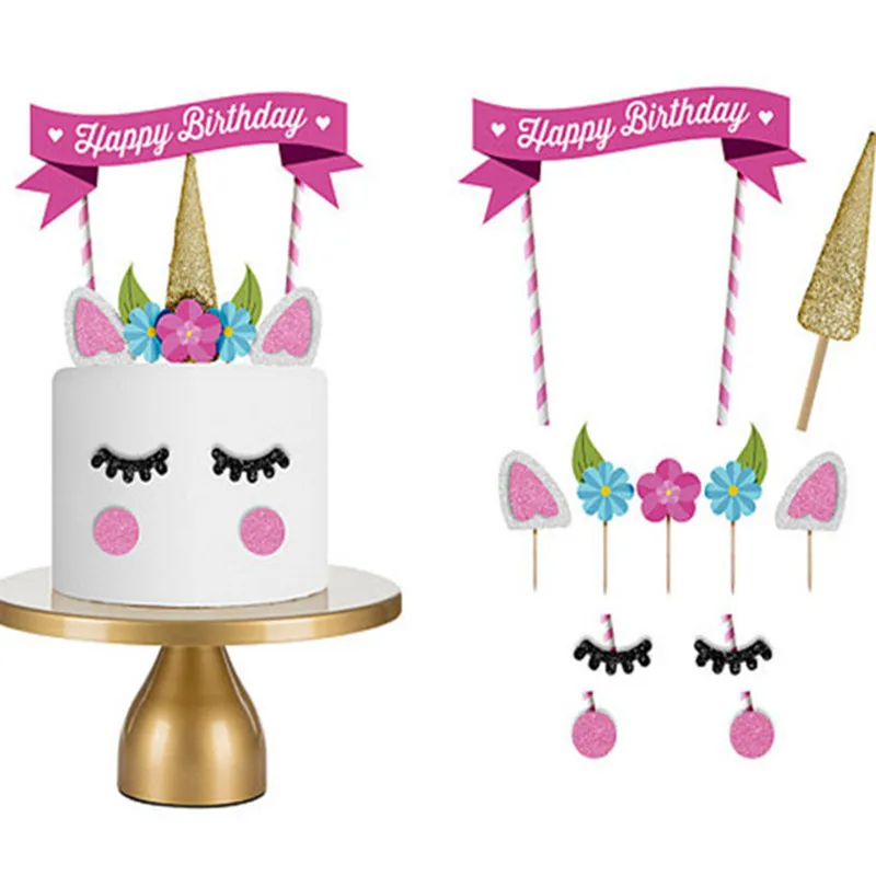 

1set Topper Pink Unicorn Party Cake Topper Wedding Cupcake Decoration Happy Birthday Party Supplies Baby Children Party Decor.