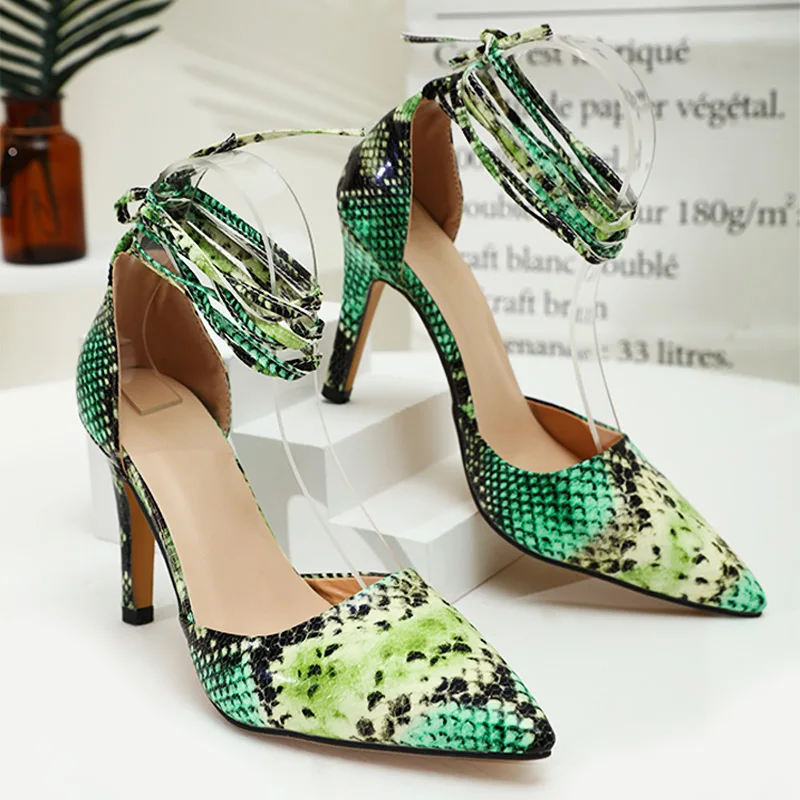 

Ladies Serpentine Thin Heel Summer Woman Bandage Leopard Pointed Toe Sexy 2021 Ankle Strap Fashion Sandals Cover Heels Plus Size