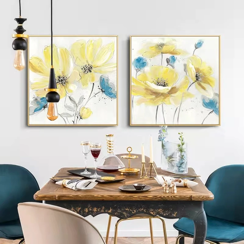 

SY pure hand-painted oil painting Nordic style yellow flower living room dining room bedroom decoration hanging painting mural