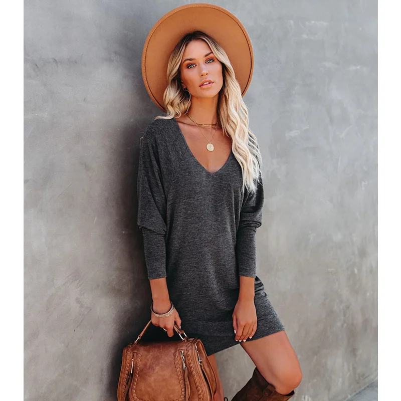 

Women's Dress Autumn And Winter Pullover Short Skirt Solid Color Long Sleeve V-Neck Dress
