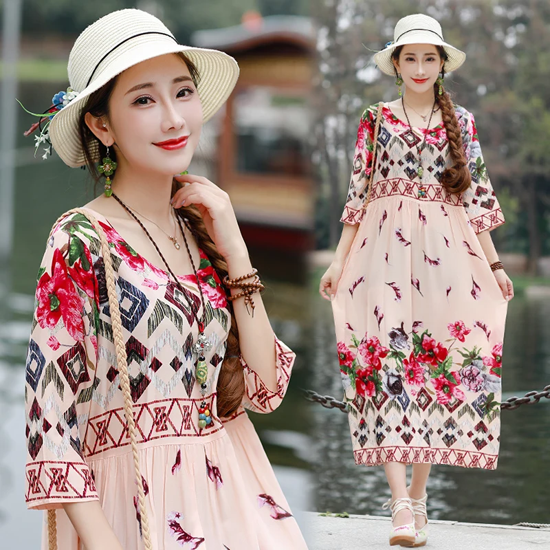 Парча хлопок тонкий мягкий Отдых Путешествия Повседневное платье с цветочным