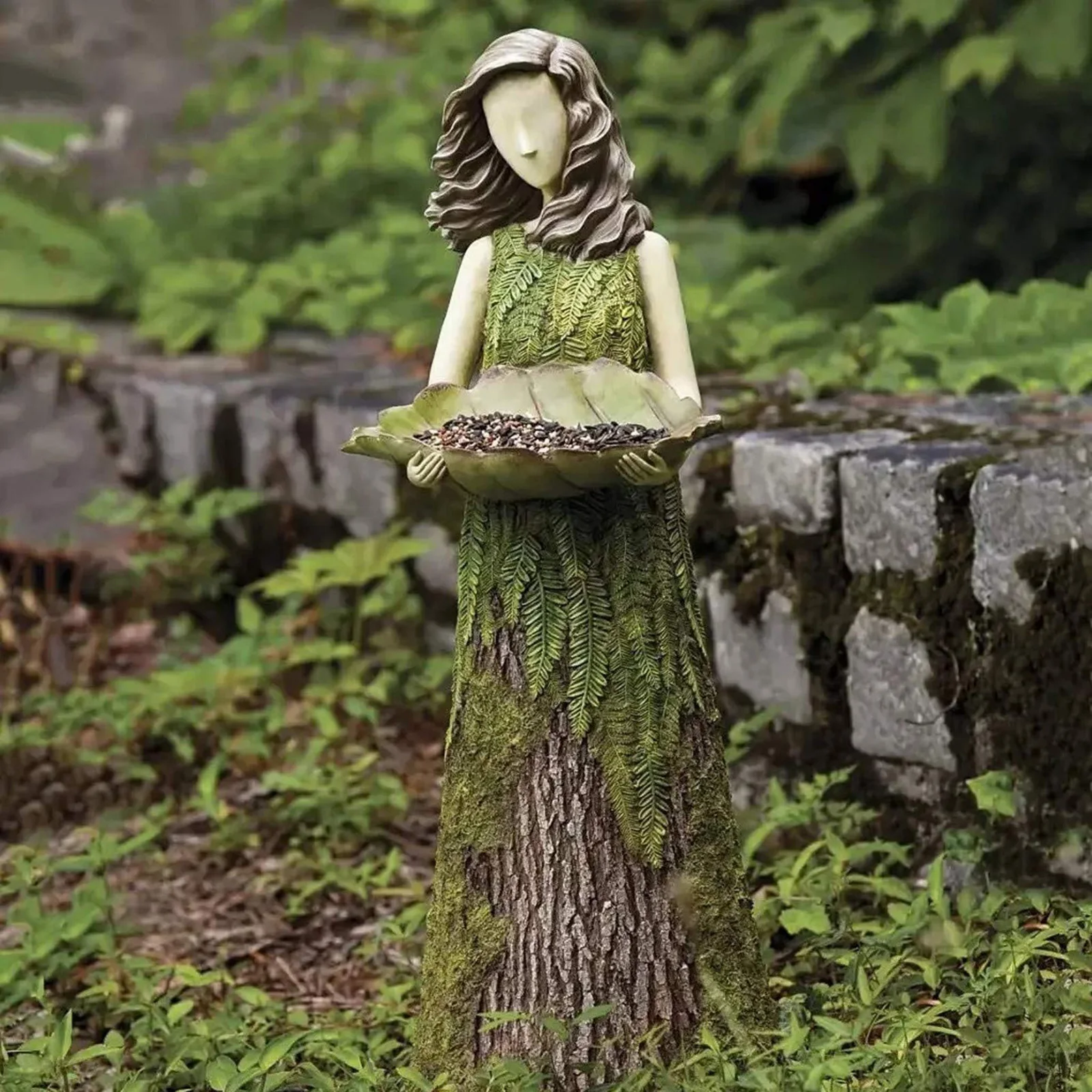 

Fairy Statue Figurines Fern Statuary with Bird Feeder Garden Ornament Resin Craft Garden Decoration Elf Statue Garden Decor