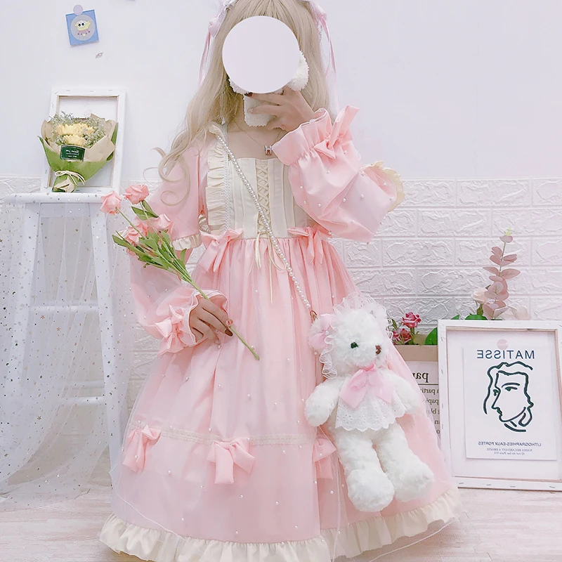 Women Ruffles Bow Lolita Dress Japanese Style Kawaii Girls Sweet Princess Fairy Vintage Mesh Cute Dresses Pink Blue Женская одежда