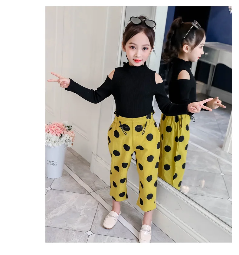 

Girl Clothes Set Long Sleeve Hollow Out Pullover Tops +Polka Dot Pants Children 2Pcs Suits Casual Baby Girls Kids Clothing Set