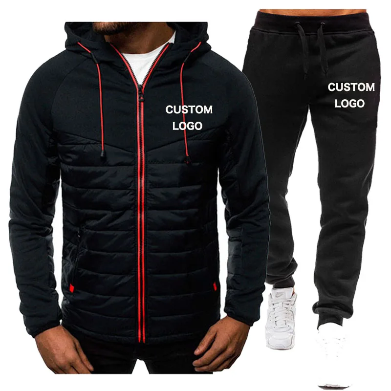 Custom Logo 2 Piece Men's Jacket Tracksuit Zip Hoodie+Joggers Pants Outdoor Running Sports Wear Hooded Sweatsuit Winter Warm Set