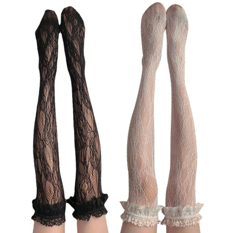 

MXMA японские чулки в сеточку в стиле "Лолита", женские чулки выше колена с оборками и цветочным кружевом, жаккардовые узорчатые длинные носки