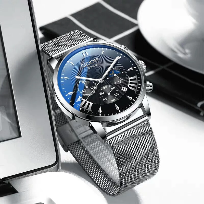 Новые стильные мужские роскошные модные часы Серебряные Водонепроницаемые