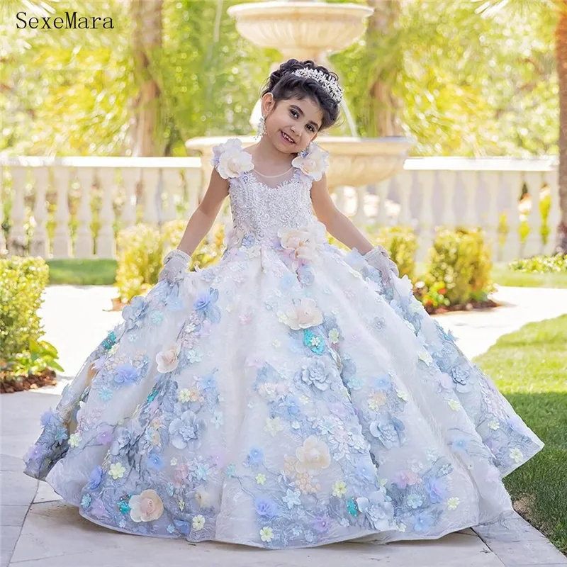 Blue Floral Appliques Ball Gown Flower Girls Dresses Ruffles Formal Pageant Party Gowns Birthday Dress For Kids