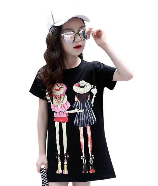 

New Style kids Summer Short Sleeve Long T-shirt Cartoons Cotton Blend Girls tops