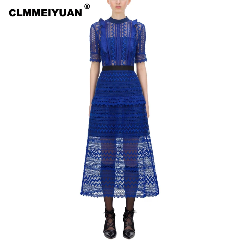 Эксклюзивное благородное синее кружевное Макси-платье для женщин роскошный
