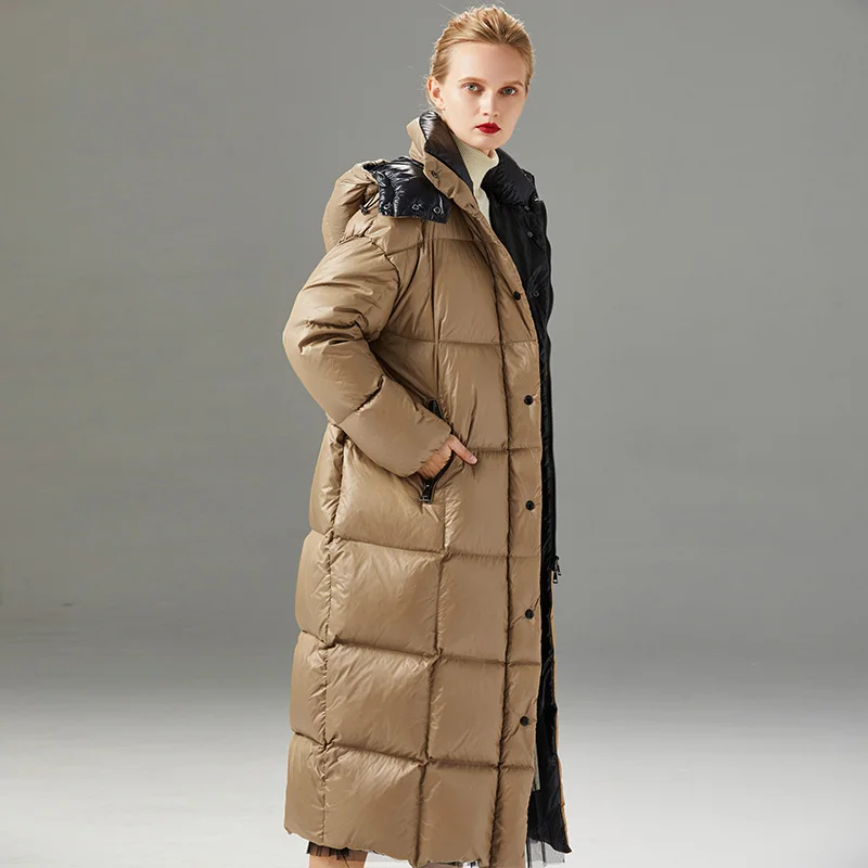 Женский пуховик с капюшоном теплый длинный на белом утином пуху защитой от ветра