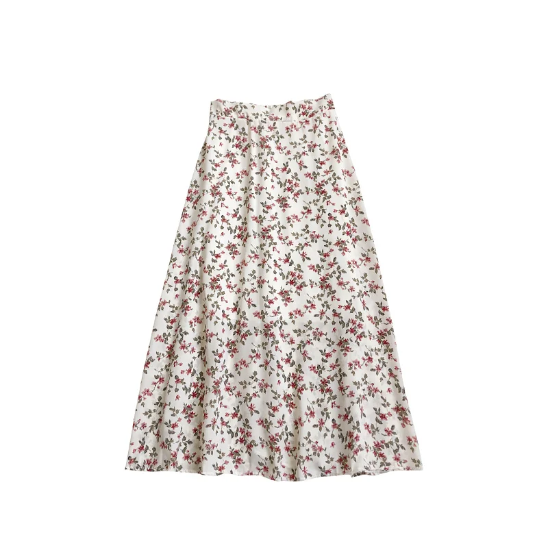 

2021 Spring and Summer Korean New Retro Sweet Floral Elastic High Waist Slim A-line Mid Length Skirt for Women