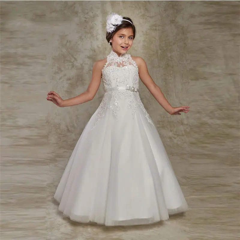 

High Collar Flower Girl Dresses For Weddings A-line Tulle Appliques Lace Beaded Long First Communion Dresses For Little Girls