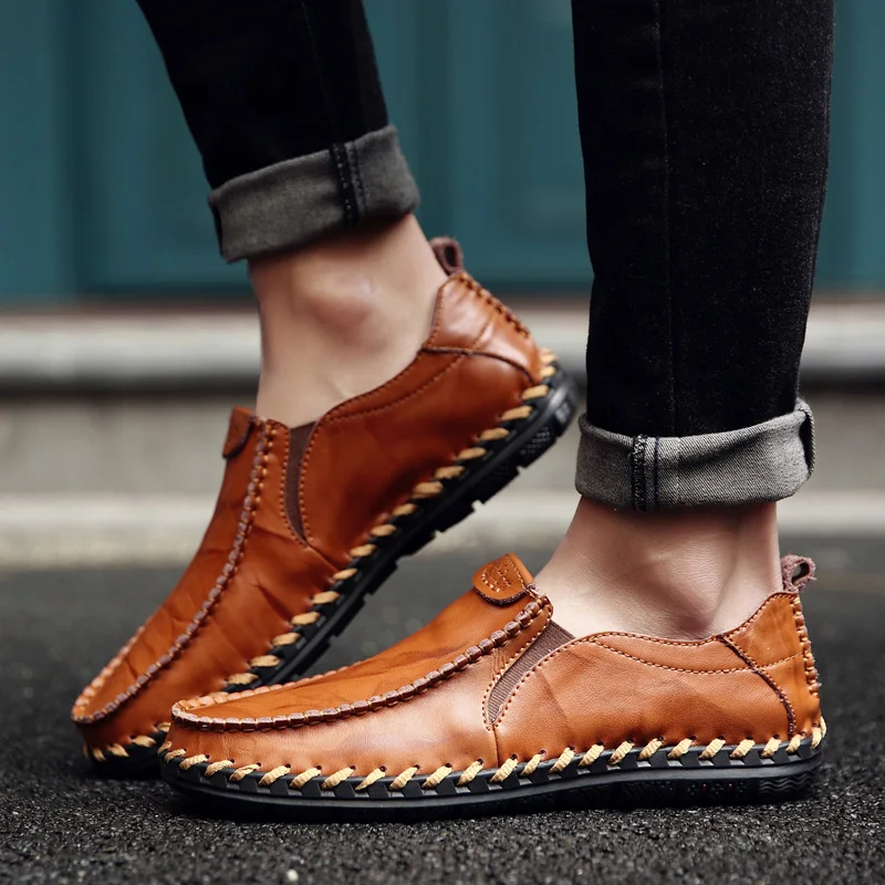 

Men Leather Casual Shoes Trend 2020 Handmade Loafers Wear Resistant Slip-on All-round Recreational Daily Youth Flats Shoes
