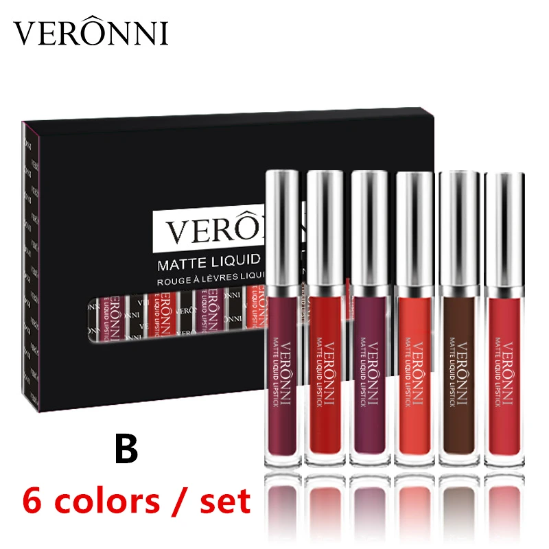 6pcs with box B Бренд VERONNI, 6/12 цветов, Матовая жидкая губная помада, набор для макияжа, матовый блеск для губ, набор, Batom, водостойкая косметика для губ, бархатный набор для губ - Цвет: 6pcs with box B