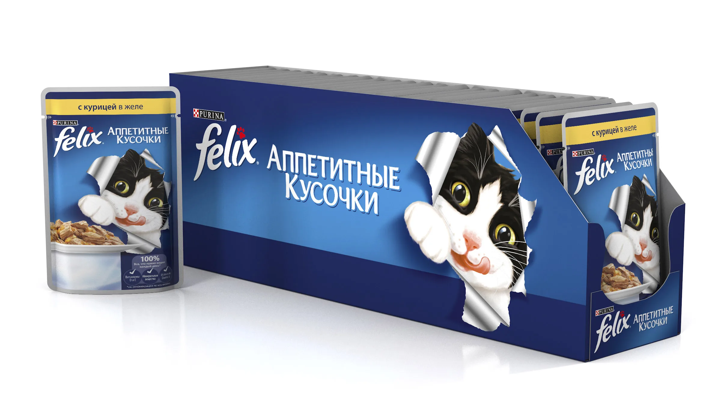 Влажный корм Felix® Аппетитные кусочки для взрослых кошек с курицей в желе 26 шт х 85 г