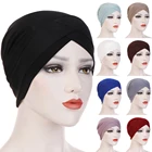 Лоб через эластичного трикотажа хиджабы легкая шапка-тюрбан для мусульманских женщин простой сплошной Цвет головные уборы при химиотерапии лента для волос аксессуары для волос