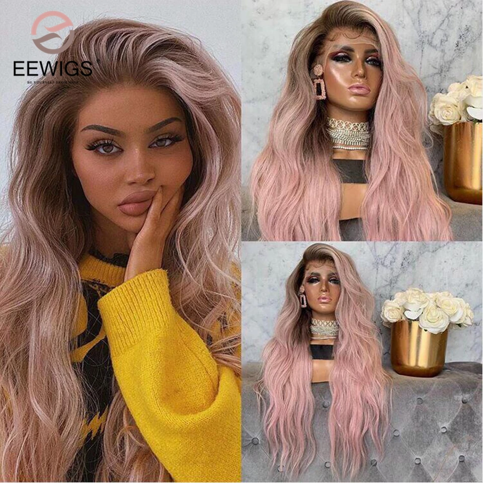 

Peach Color Long Wavy Wig Pink Synthetic Lace Front Wig With Natural Hairline Ombre Wigs For White Women EEWIGS