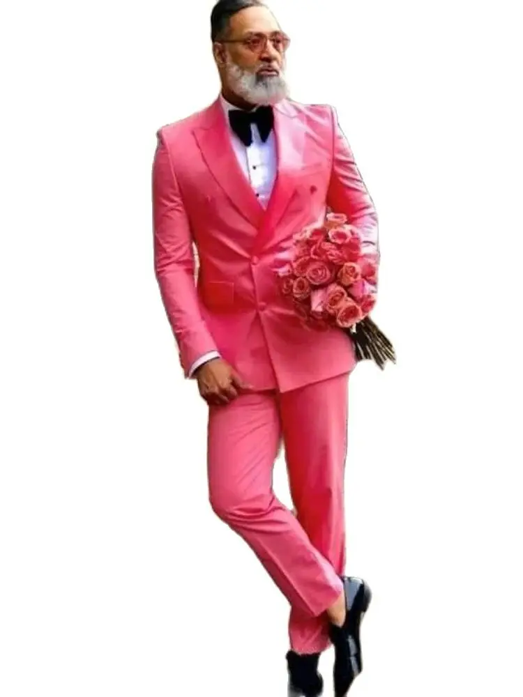 

VEIAI Classic Style Double Breasted Hot Pink Groom Tuxedos Peak Lapel Groomsmen Men Blazers Suits (Jacket+Pants+Tie)