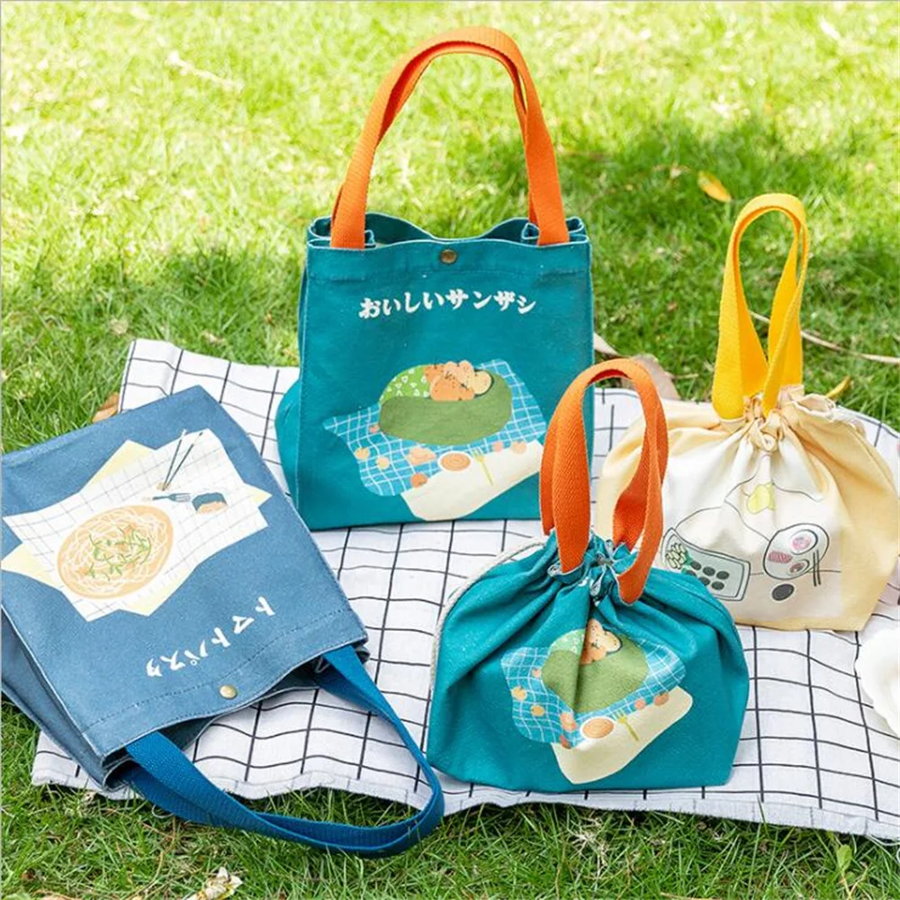 For Women Kids Picnic Travel Camping Cartoon Drawstring Button Portable Canvas Handbag Organizer