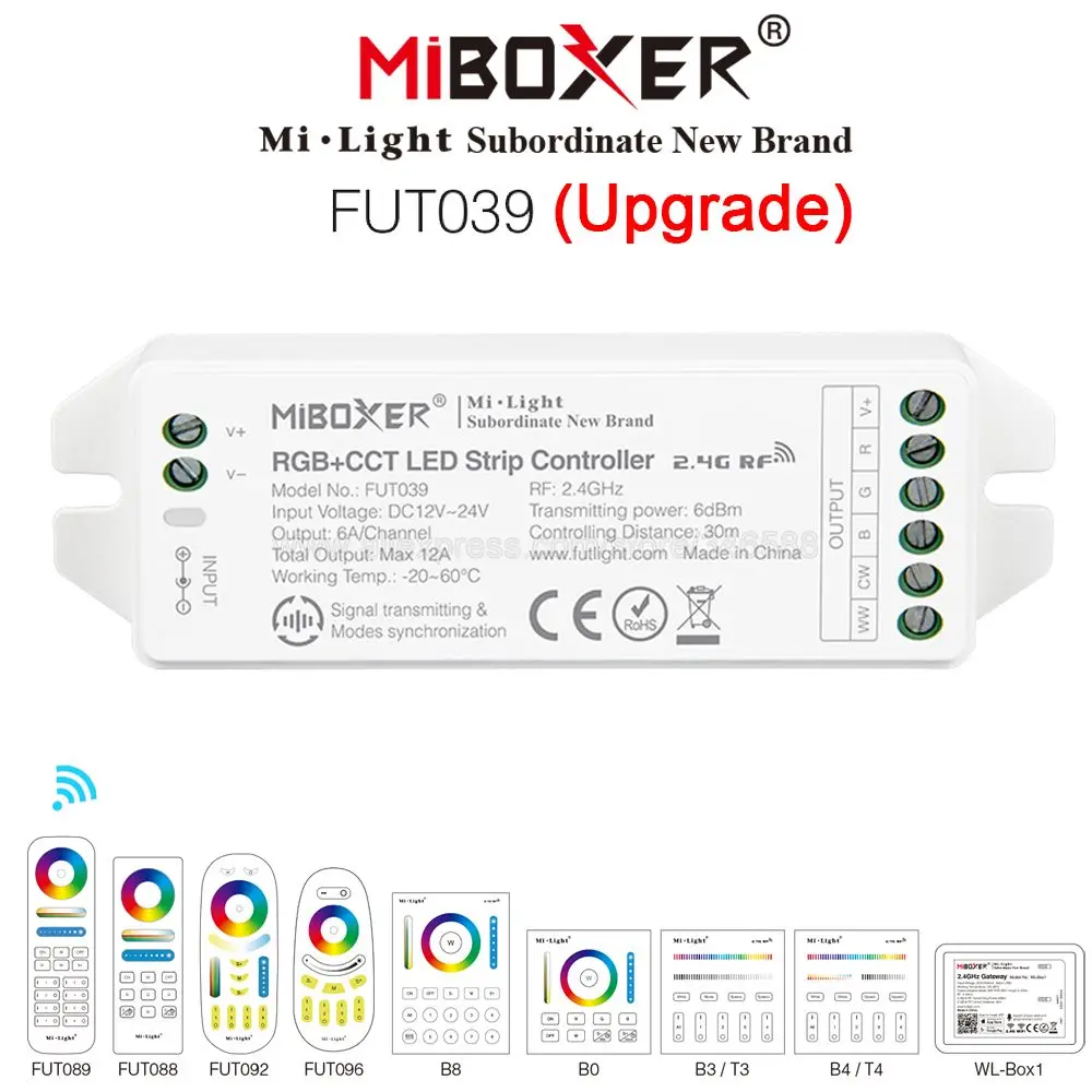 

MiBOXER FUT039 (Upgraded) 2.4GHz RGB+CCT LED Strip Controller Smartphone APP / 2.4GHz RF / Voice / DMX512 Control Panel Control