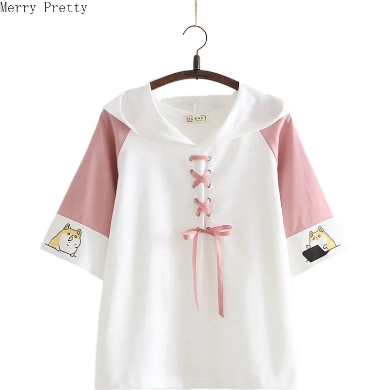 

Женские толстовки с коротким рукавом, свитшоты, весенний пуловер на шнуровке с мультяшным принтом, спортивные костюмы с капюшоном, повседне...