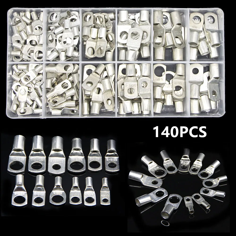 

140Pcs SC Bare Tinned Copper Lug Terminals Ring Seal Wire Connectors Bare Cable Crimped/Soldered Terminal Kit Assortment