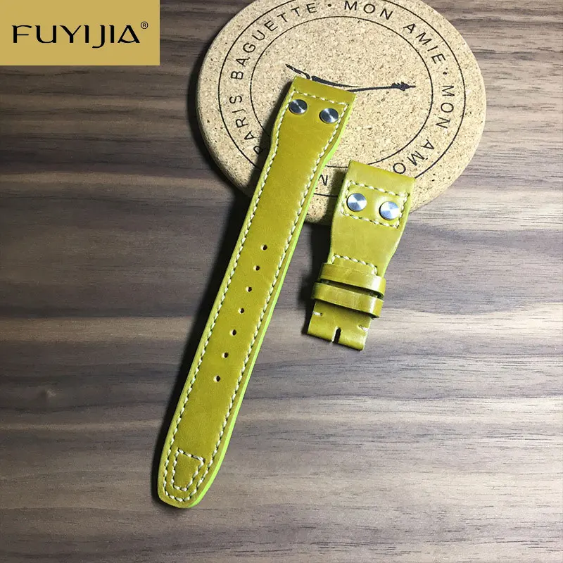 

FUYIJIA Women Custom PILOT'S WATCHES Strap 20MM 22MM Green Calfskin Watchbands Genuine Leather Belt Handmade Brand Watch Band 19