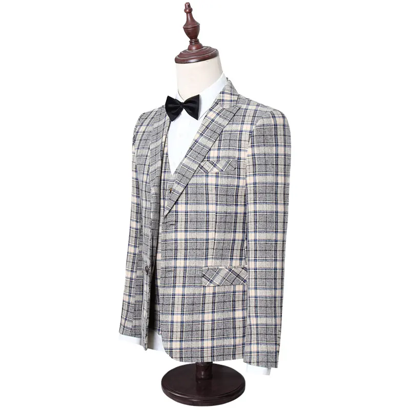 5XL Plaid Mens Suits Wedding Groom Slim Fit Business Suit For Men Stylish Men's Office Elegant Three Piece Prom Wear Q863 | Мужская