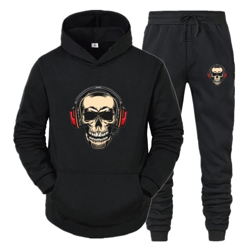 

Cool Skull Printed 2021 Clothes men 2 Pieces Set Sweatshirt+Sweatpants Sportswear Hoodies Casual Mens Clothing Size S-3XL