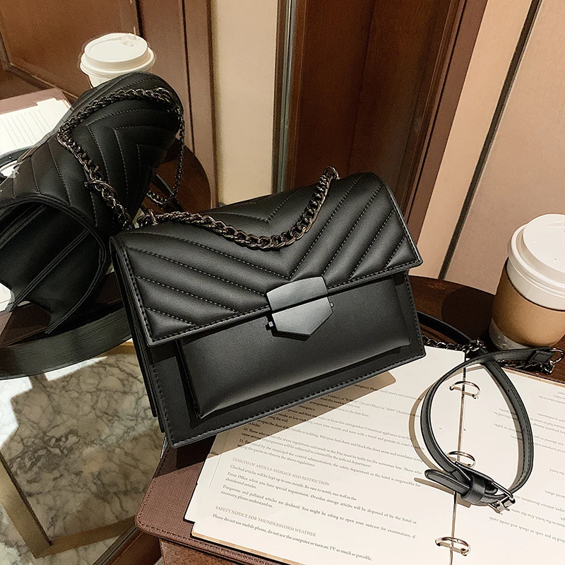 

Thread Crossbody Bag For Women 2021 Fashionable Lady Handbags Brand Designer Chain Cover PU Leather Black Shoulder Bag Day Flap