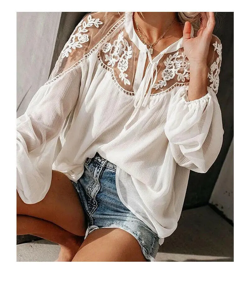 LEH 2019 Vogue Boho Сетка кружевная с цветочным узором и ручкой рубашки