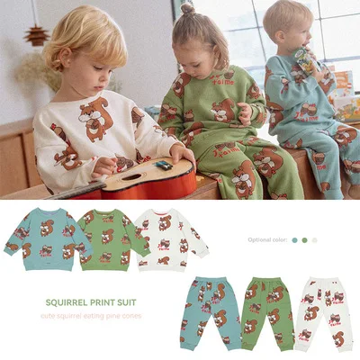 

2021 Autumn New Sweater + Trousers Two-piece Cartoon Squirrel Printed Cotton Suit Korean Trendy Children's Clothes