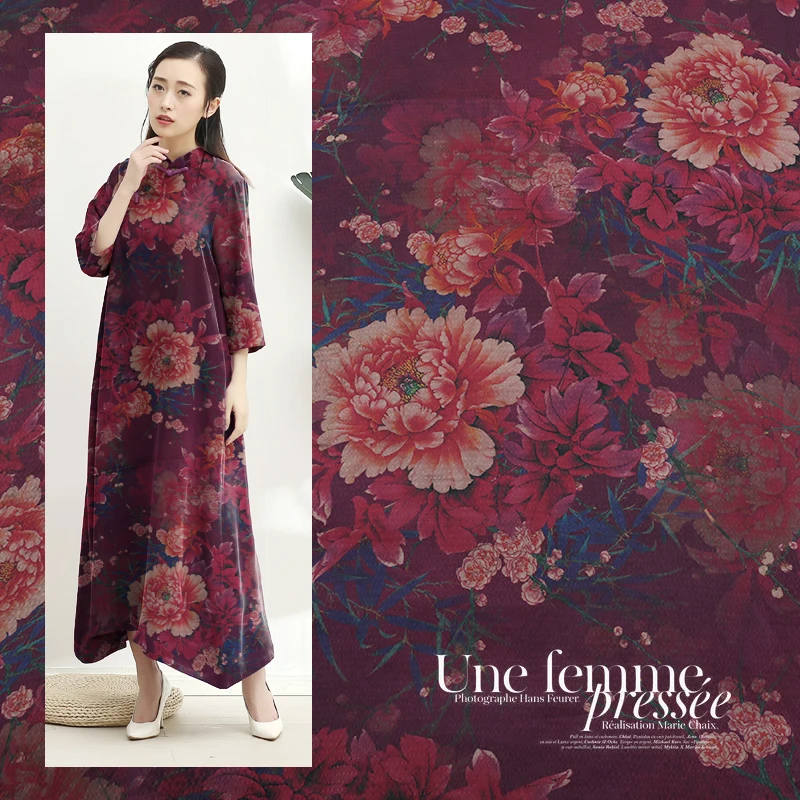 Пион цифровая печать 100% тяжелый шелк атласная ткань для женщин платье Cheongsam Gambiered