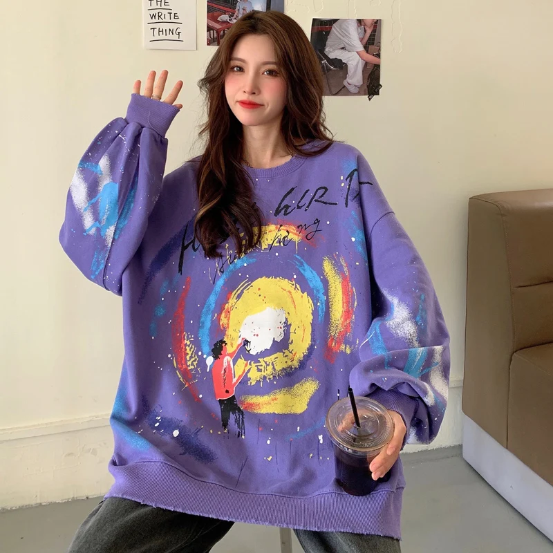 

Oversize anime hoodie women harajuku winter clothes graffiti sweatshirt high street Long sleeve thin Hip hop coat loose