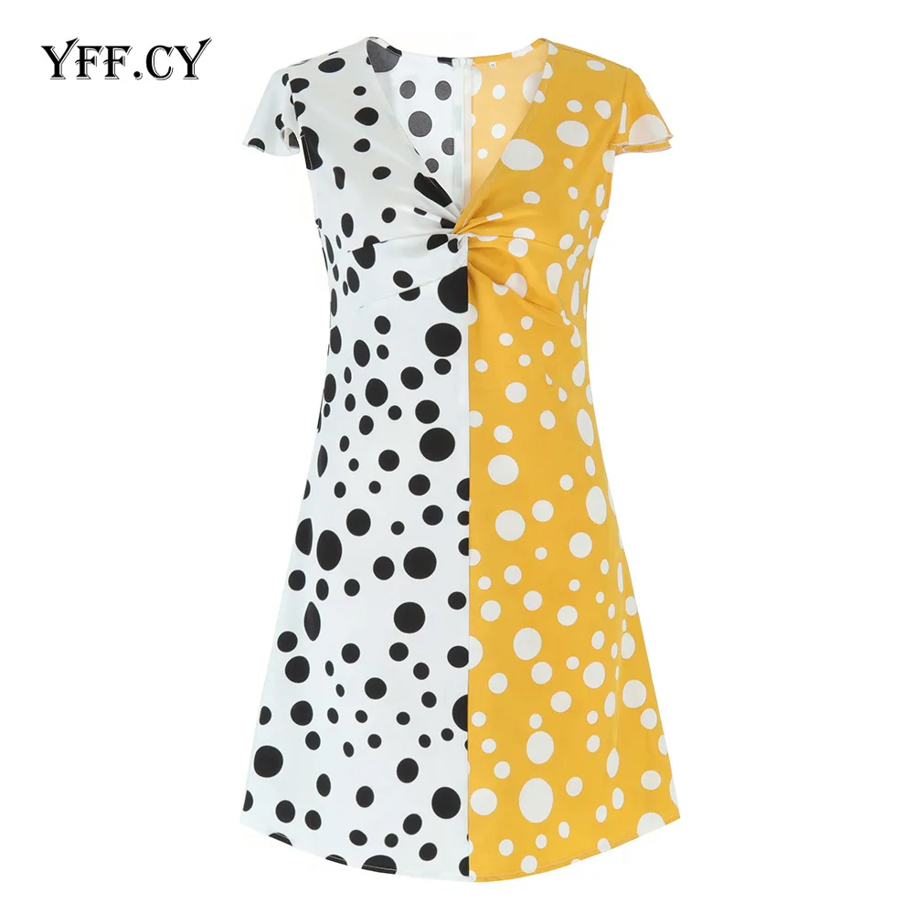 

Women Mini Dress 2020 Summer white black Print Polka dot Patchwork dresses V Neck Short Sleeve Party red casual dress sukienka