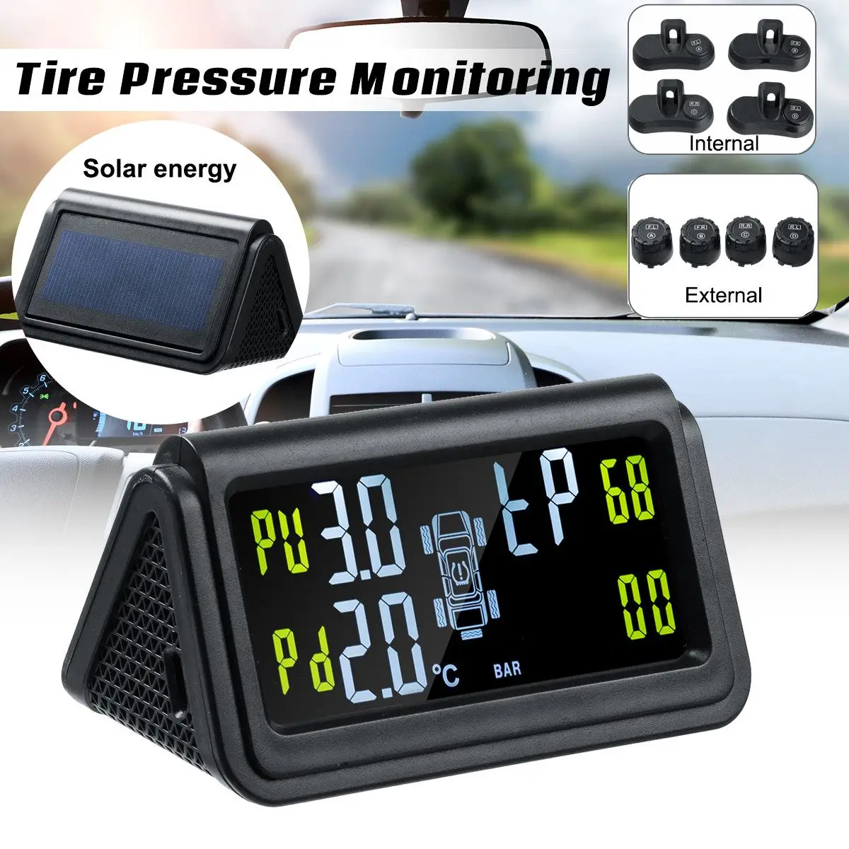 

Универсальная беспроводная система контроля давления в шинах TPMS, солнечная энергия, TFT цветной экран, внешние/внутренние датчики давления в...