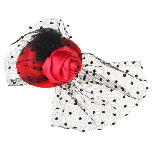 Мини-шляпа с перьями и розовыми сетчатыми точками Вуалетка для волос вуалью