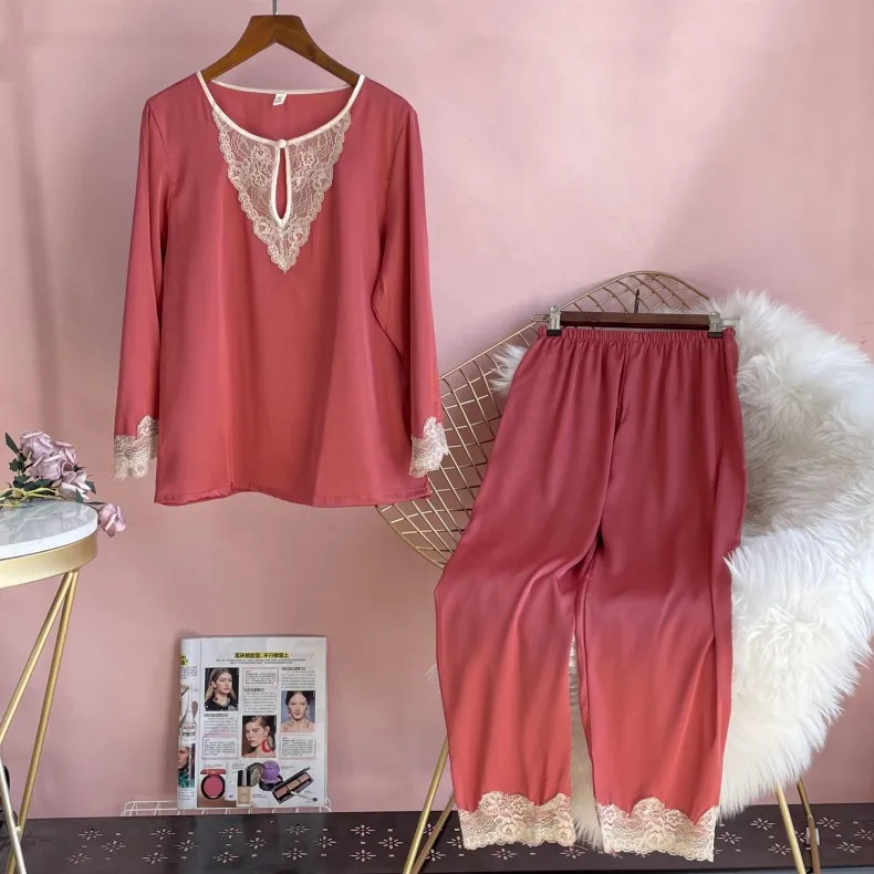 

Long Sleeve 2CPS Sleepwear Sleep Set Women O-Neck Satin Pajamas Suit Sexy Spring PJS Nightwear Lace Pyjamas Femme Loungewear