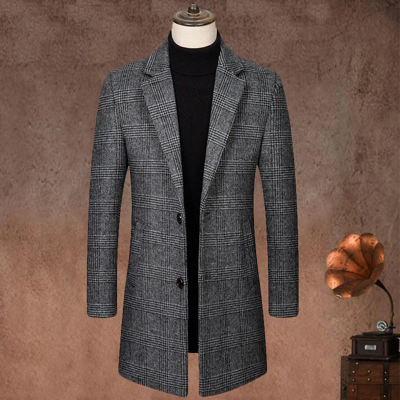 

Men's Casual Thick Warm Long Section Overcoat Winter Slim Plaid Wool Coats Male coats for men mens trench coat