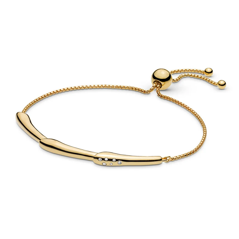 

2019 New 100% 925 Sterling Silver Flower Stem Sliding Bangle Bracelet Shine Gold Clear CZ For Women Fashion DIY Jewelry Gift