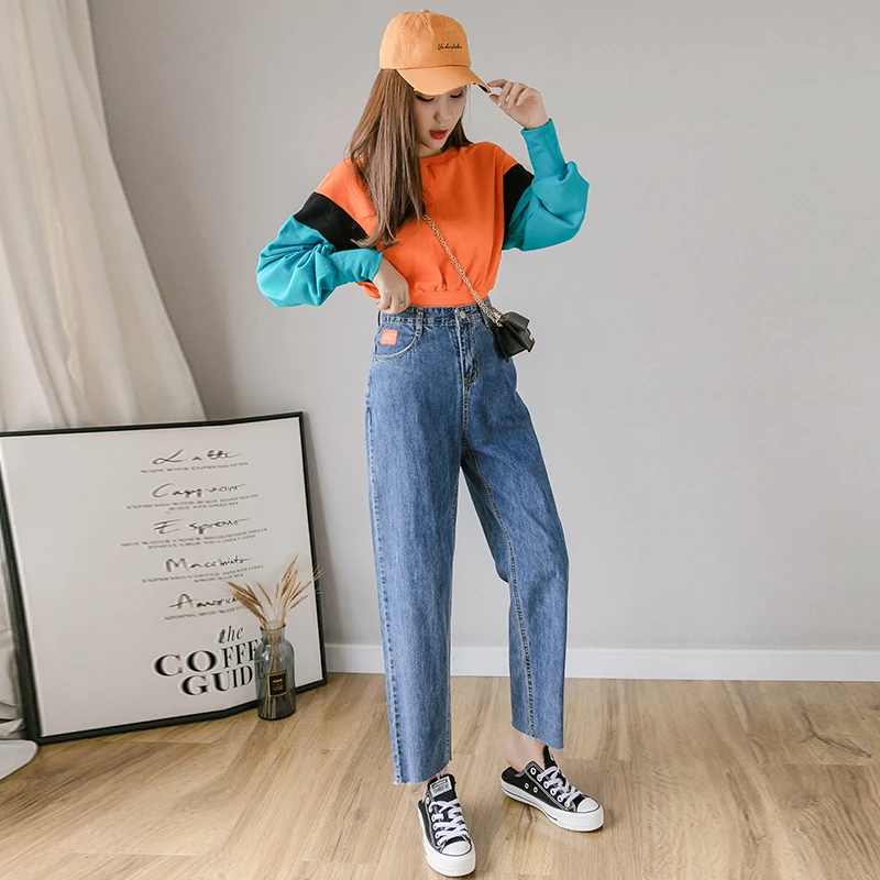 

Tall waist joker cowboy haroun pants han edition fashion female autumn new patch pocket letter nine minutes of pants