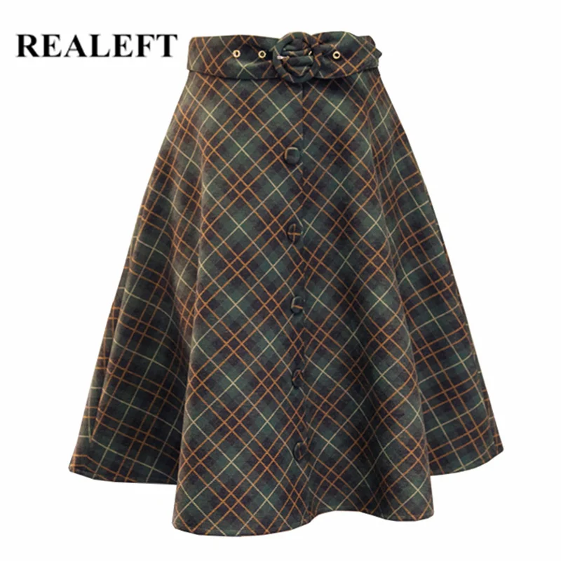 REALEFT осень зима женские винтажные шерстяные теплые миди юбки высокая посадка на