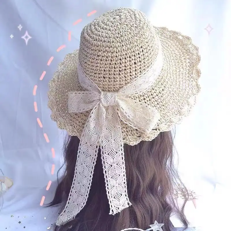 

Small fresh Japanese wild lace strap bow hat female summer outing big eaves beach sun hat