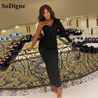sodigne one sleeves mermaid evening dresses sexy short formal party dress women black satin evening gowns robe de soiree