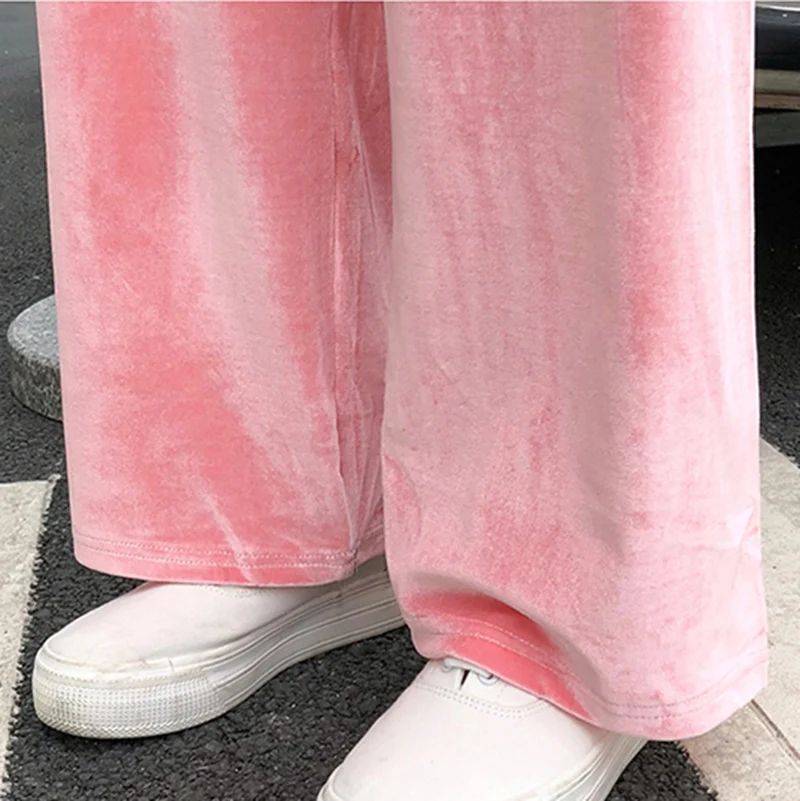 

Autumn Fashion Women Straight Pants Lady Pink Gray Velvet Wide Leg Loose Slacks Female Winter Slim High Waist Cropped Trousers
