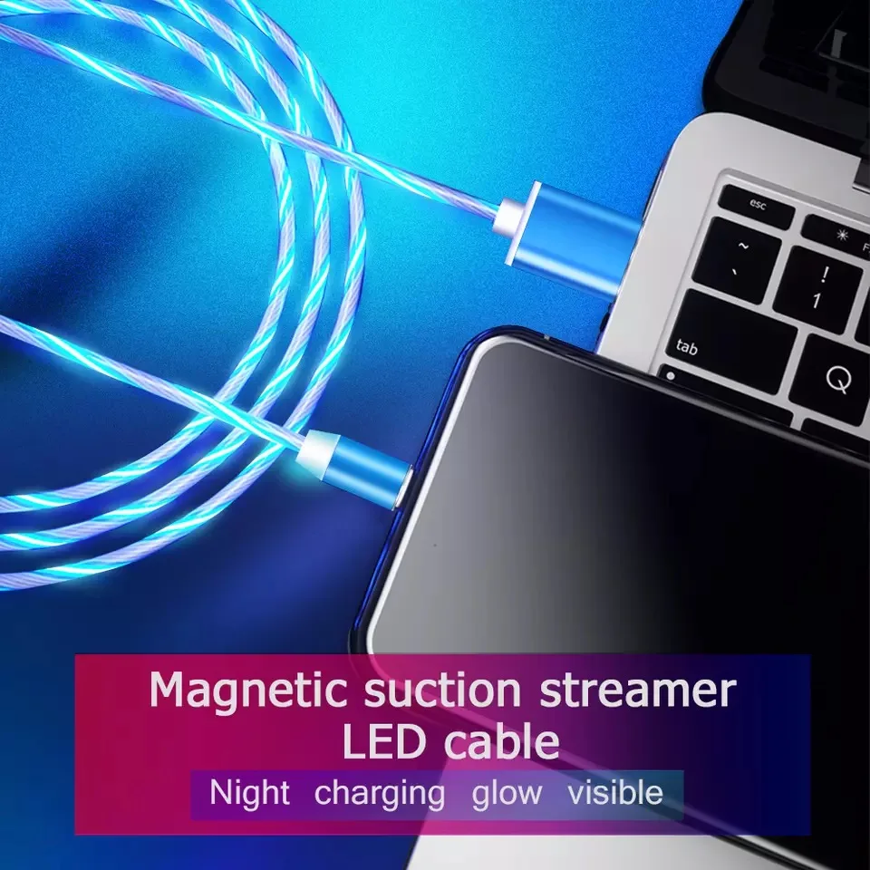 Магнитный USB кабель 1 м Светодиодный светящийся струящийся Micro Type C мобильный