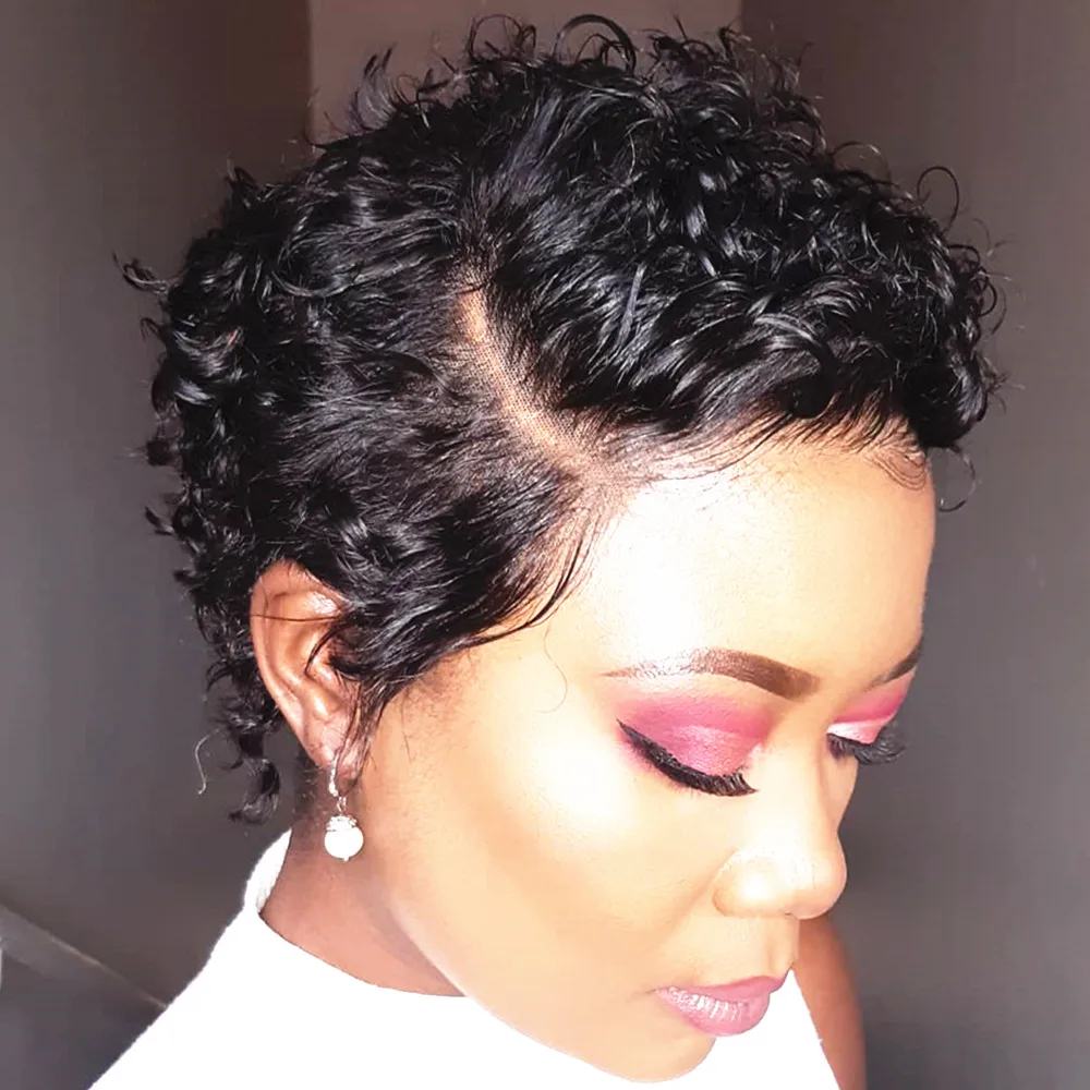 Pixie Cut Curly Wig 99J Red Short Brazilian T Part Lace Front 100% Human Hair Wigs For Women Highlight Black Remy | Шиньоны и парики